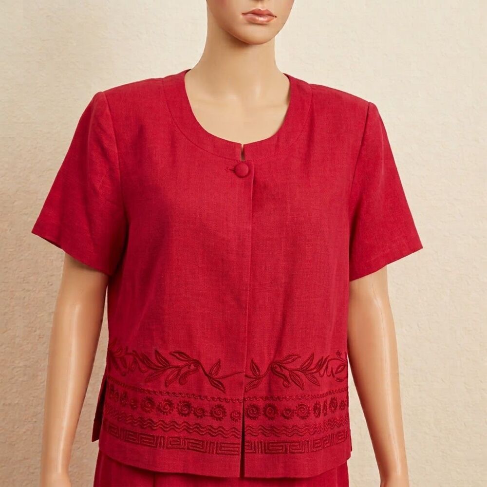linen blend shirt jacket 16 16w vintage red Worthington woman top retro 80s
